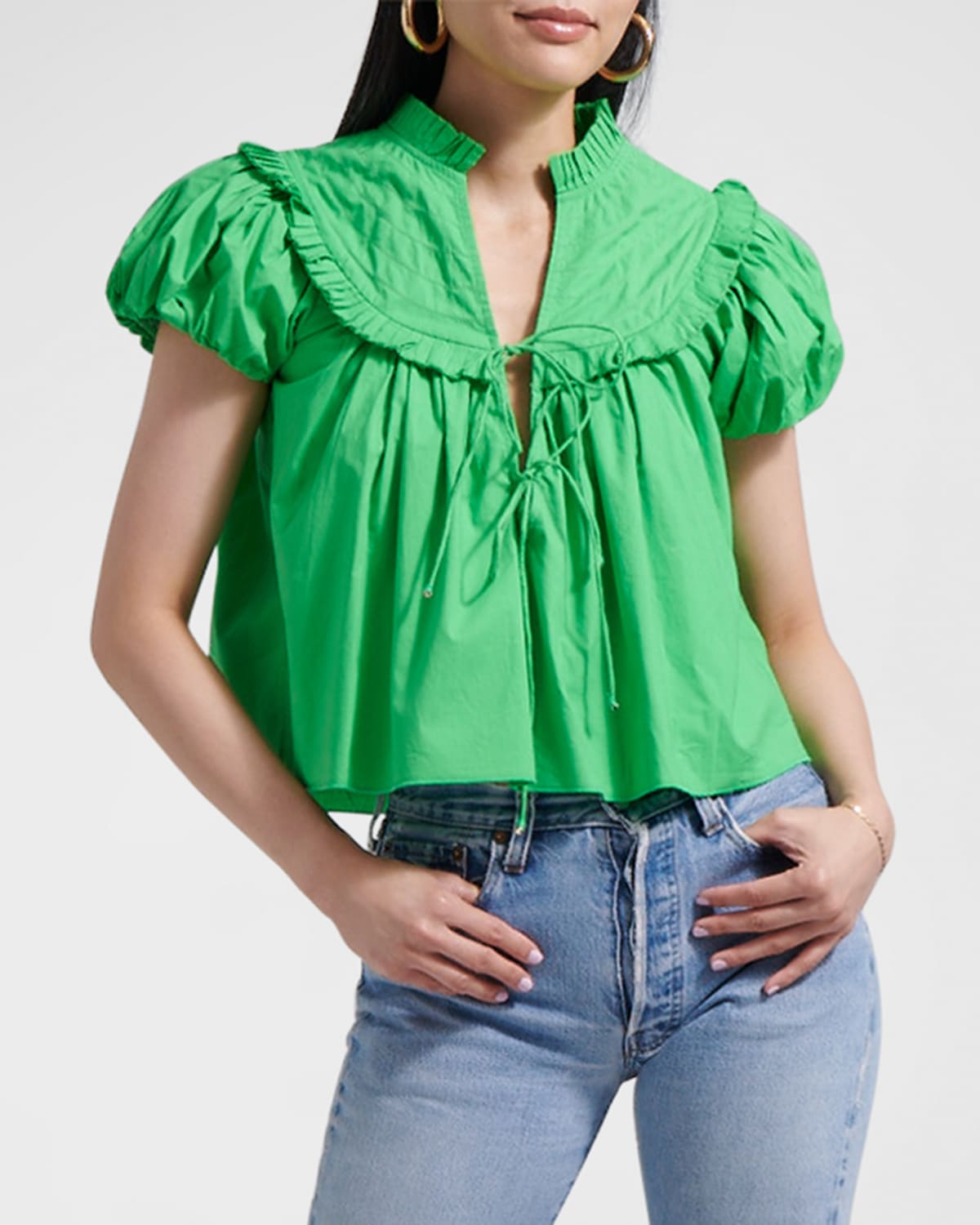 Sylvia Puff-Sleeve Front-Tie Cotton Top