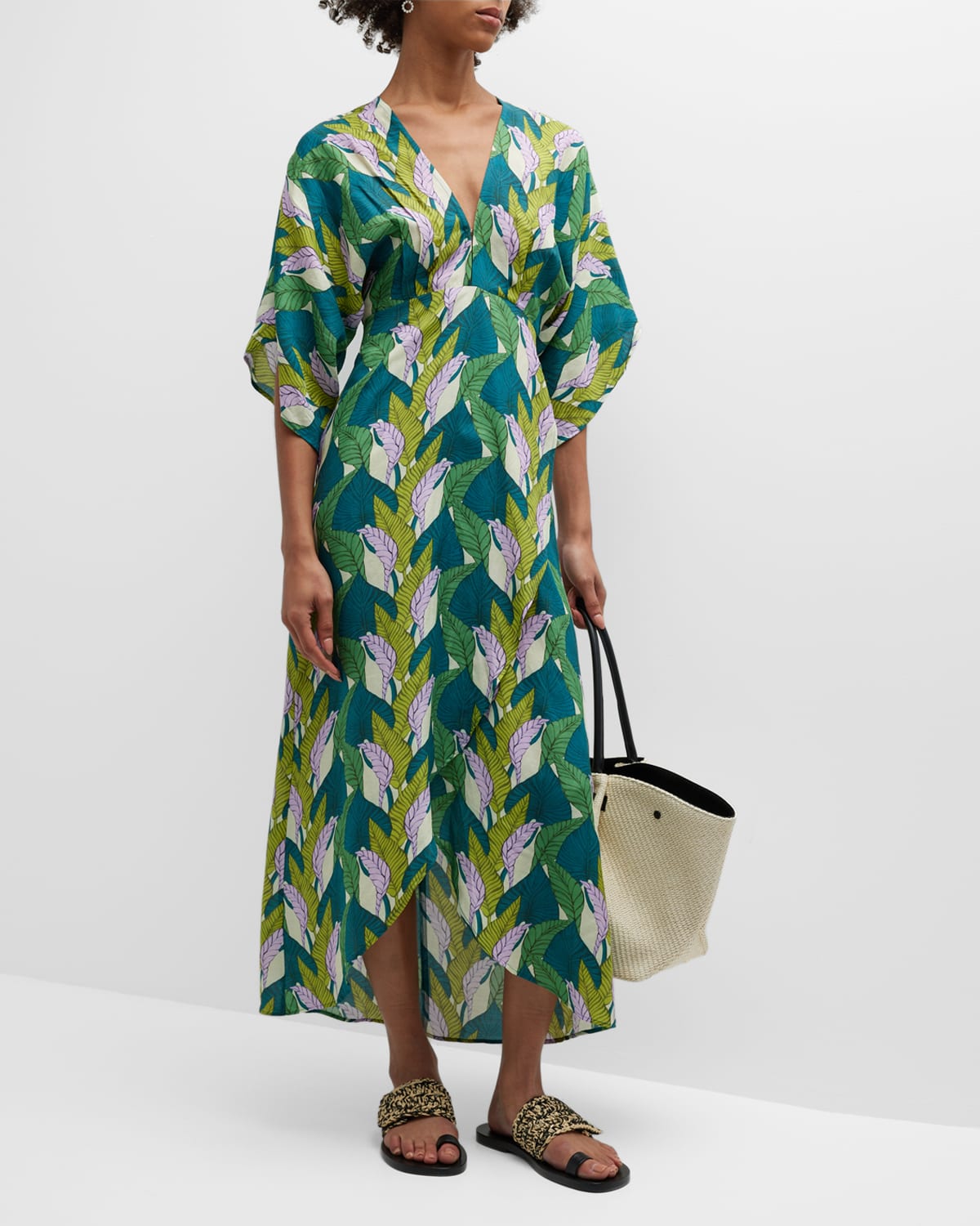 Jaline Leaf-Printed Katherine Satin Midi Dress