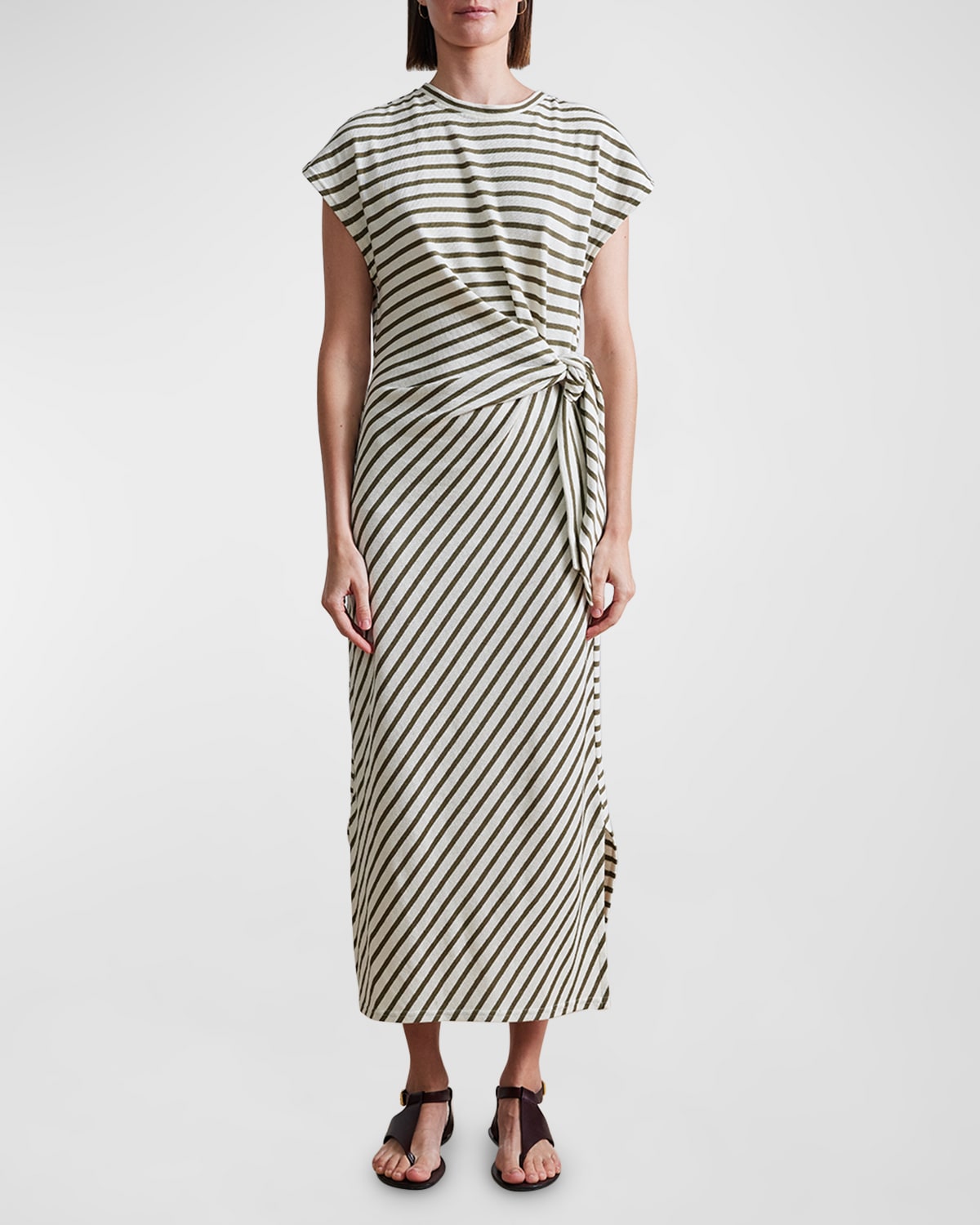 Vanina Striped Cap-Sleeve Side-Tie Maxi Dress