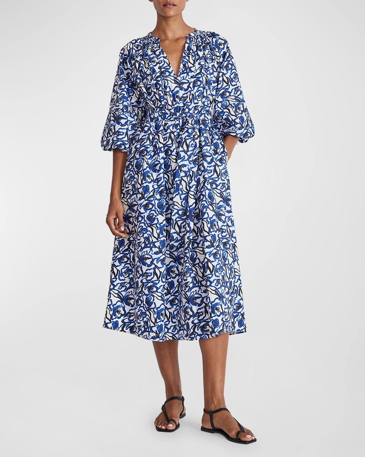 Sun Mesa Floral-Print Blouson-Sleeve Midi Dress