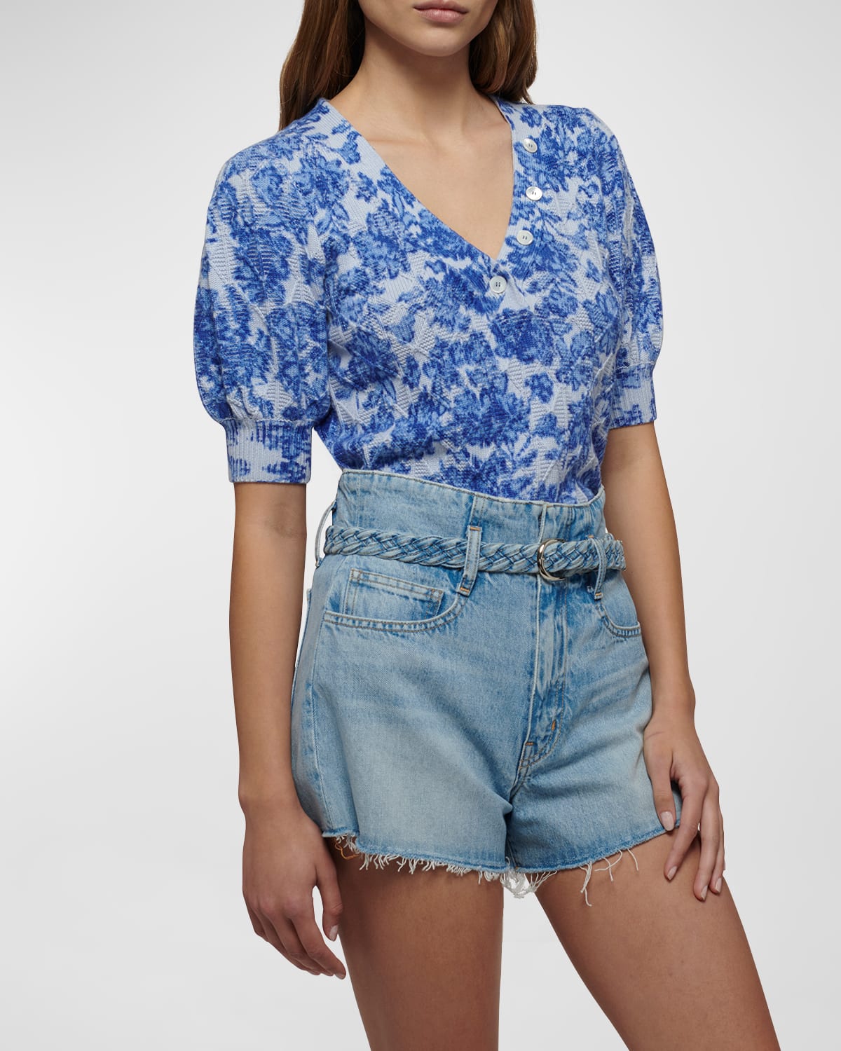 Ray Floral Puff-Sleeve Henley Top
