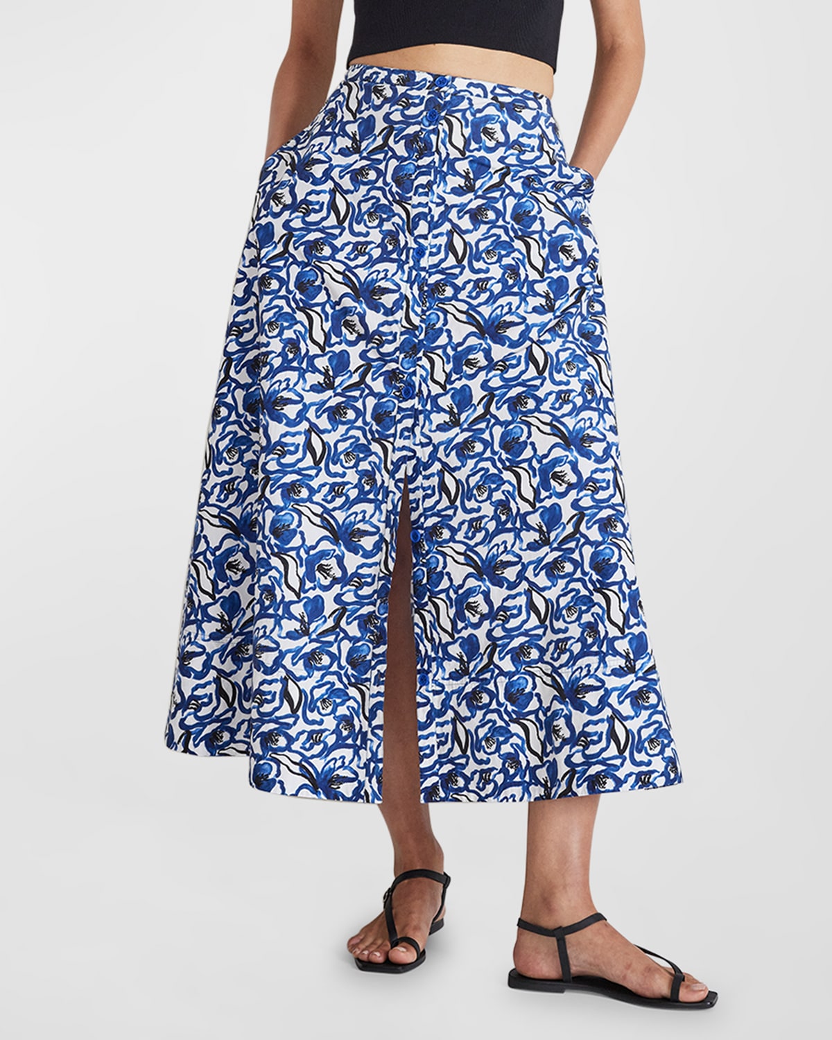 Hisa Floral-Print A-Line Midi Skirt