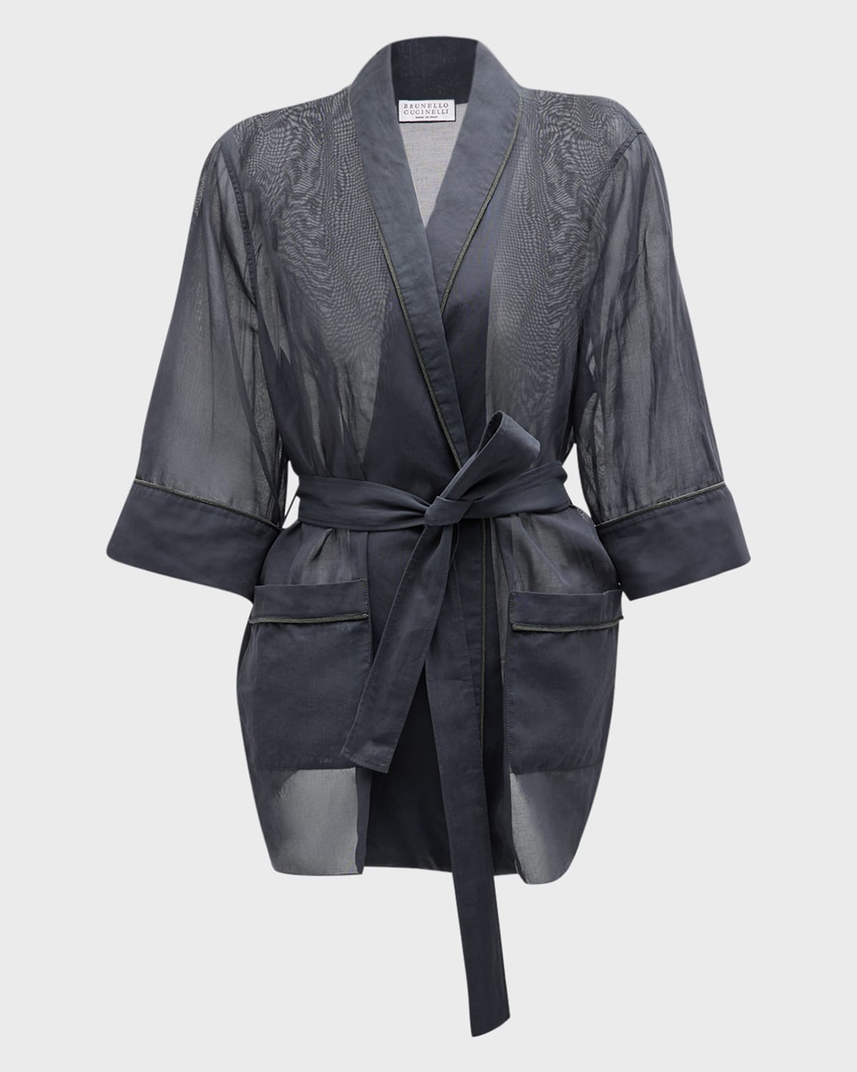 Brunello Cucinelli Monili-trim Belted Cotton Gauze Kimono Jacket In C2126 Charcoal