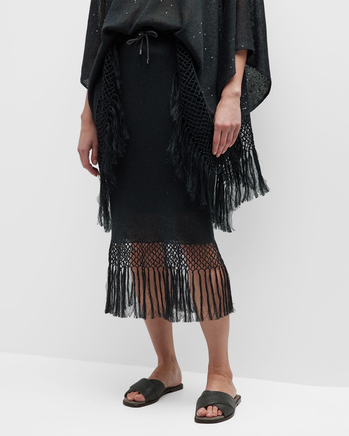 Brunello Cucinelli Fringe-hem Linen Silk Paillette Knit Midi Skirt In Cj677 Dark Grey