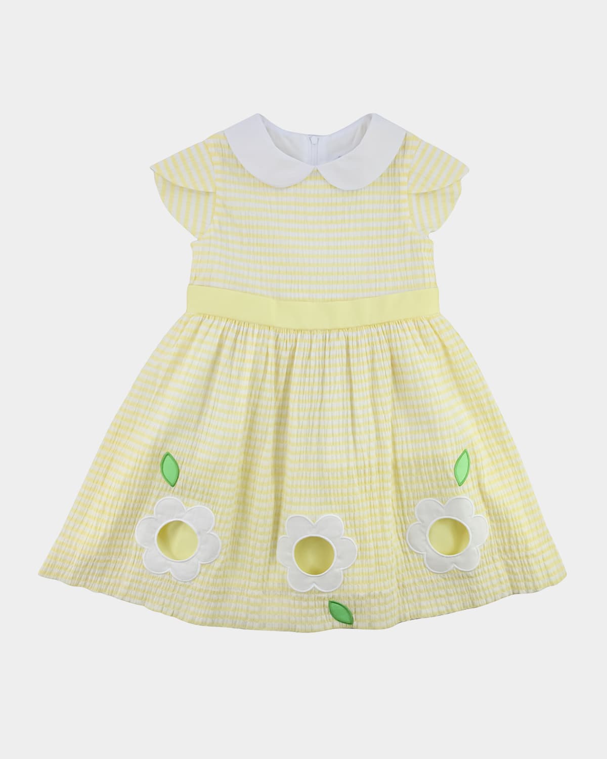 Florence Eiseman Kids' Girl's Seersucker Dress With Cutout Embroidered Flowers In Yellow/wht