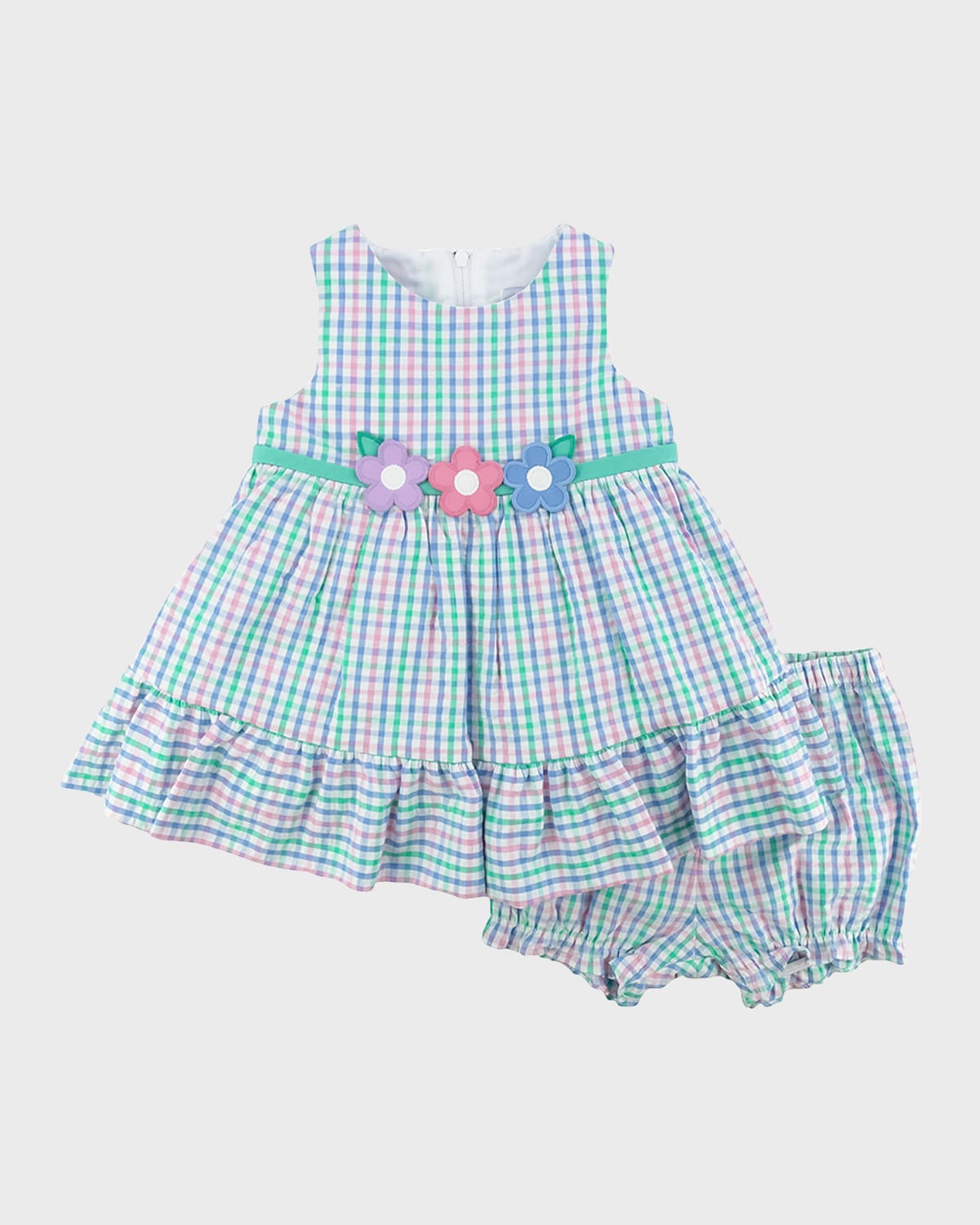 Florence Eiseman Kids' Girl's Flower-embroidered Plaid Seersucker Dress With Bloomers In Multi
