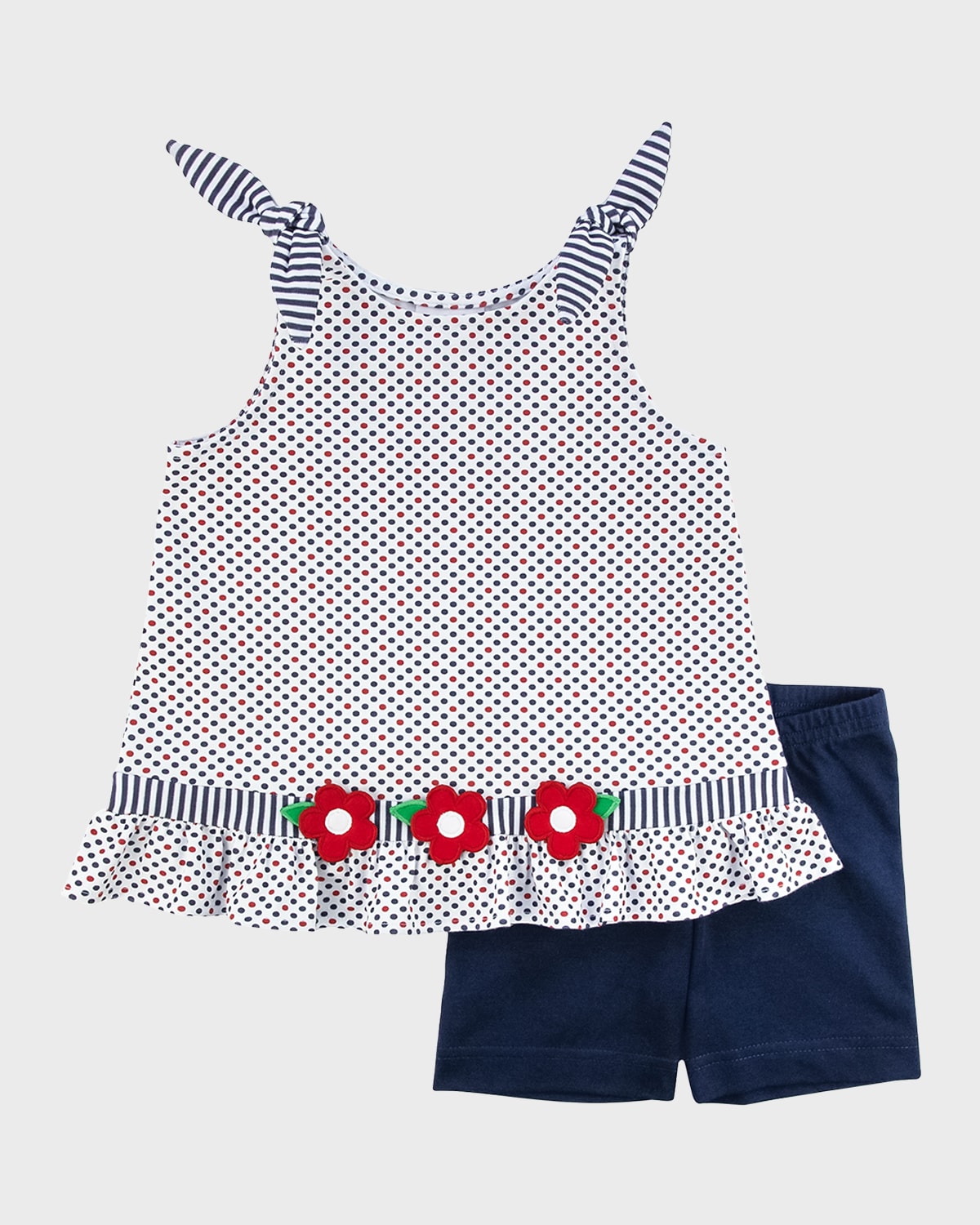 Florence Eiseman Kids' Girl's Dot Top With Flowers And Knit Shorts Set In Wht/nvy/red