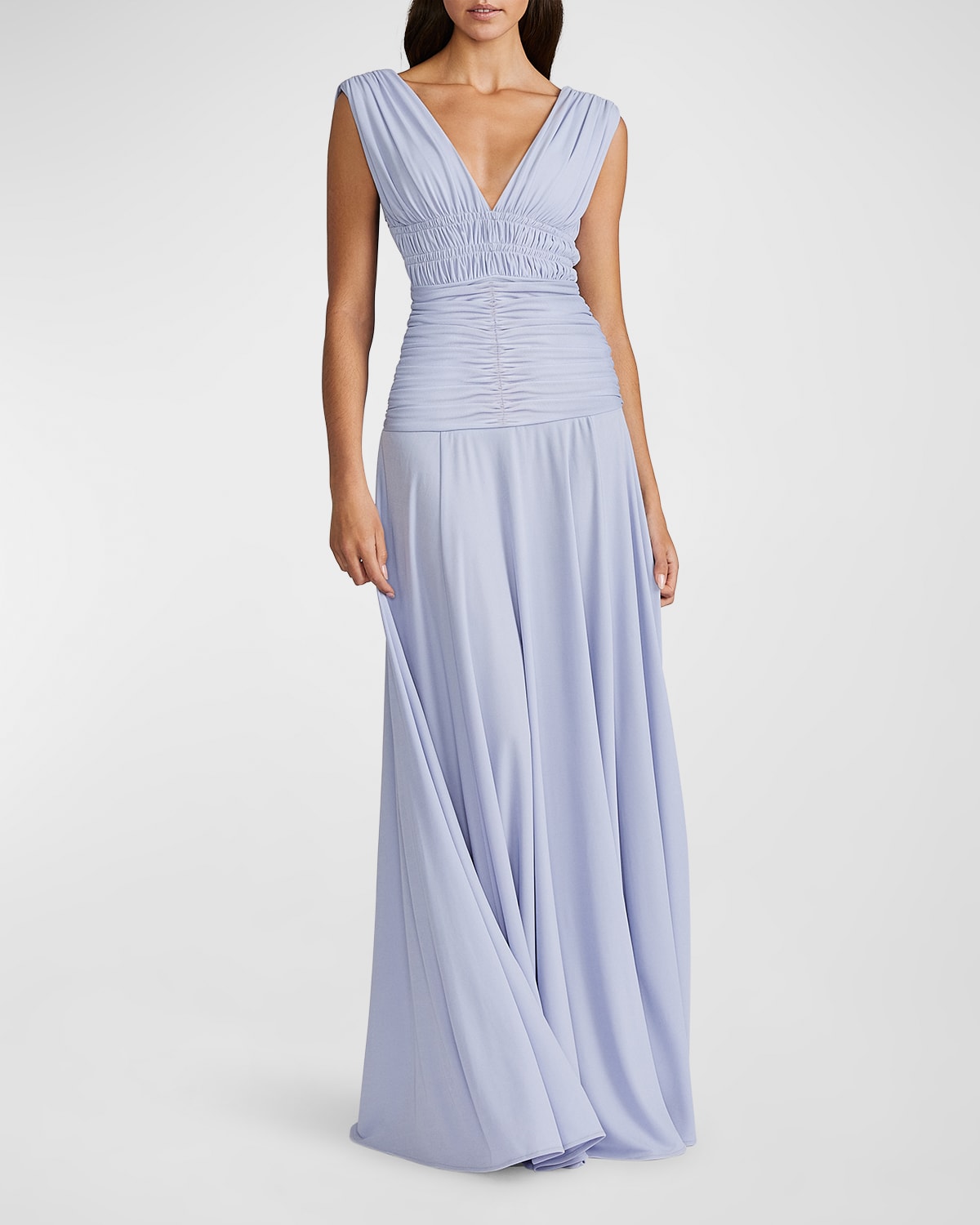 ZAC POSEN DEEP V-NECK RUCHED JERSEY GOWN