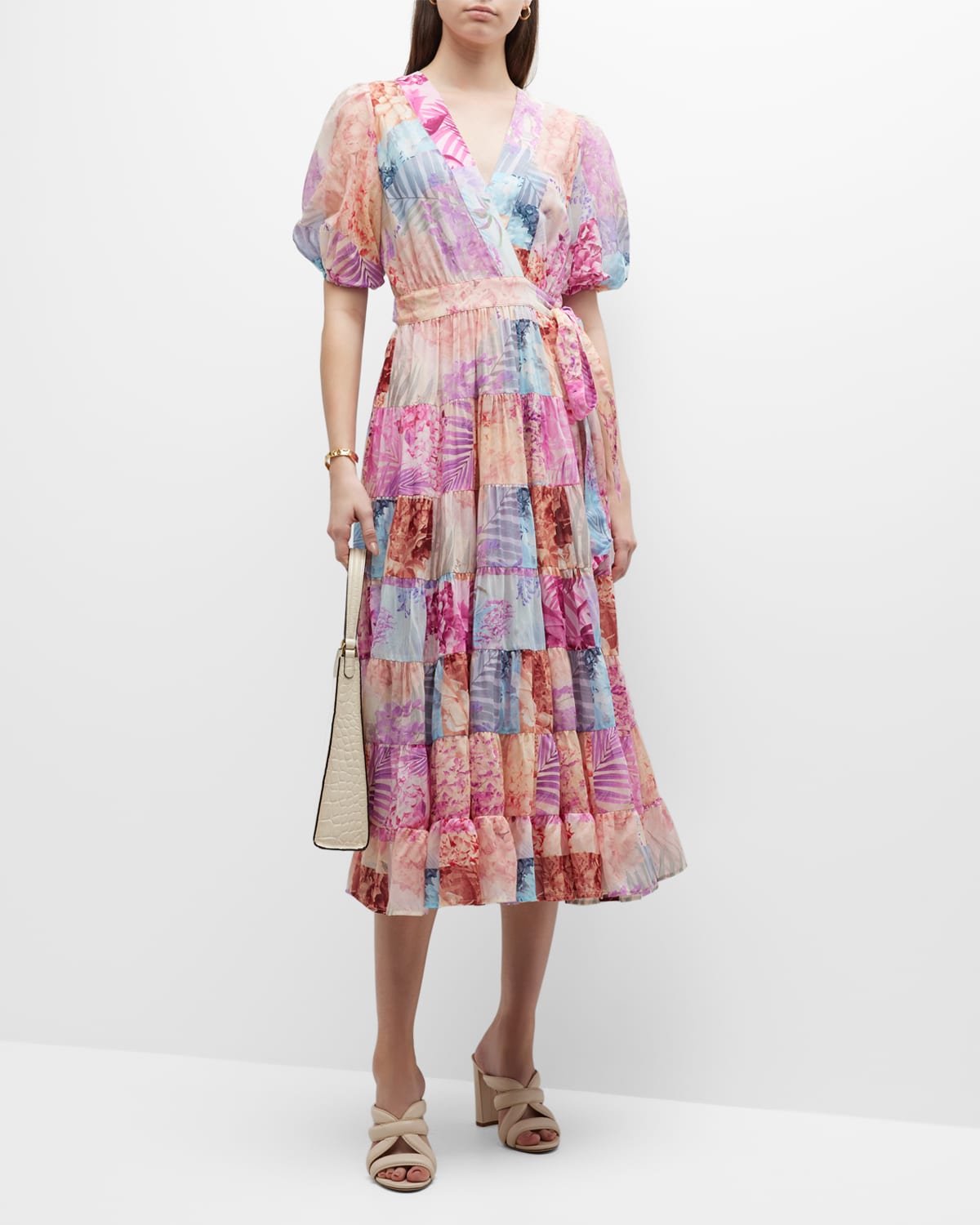 JOHNNY WAS ANNALISE PATCHWORK-PRINT PUFF-SLEEVE DRESS