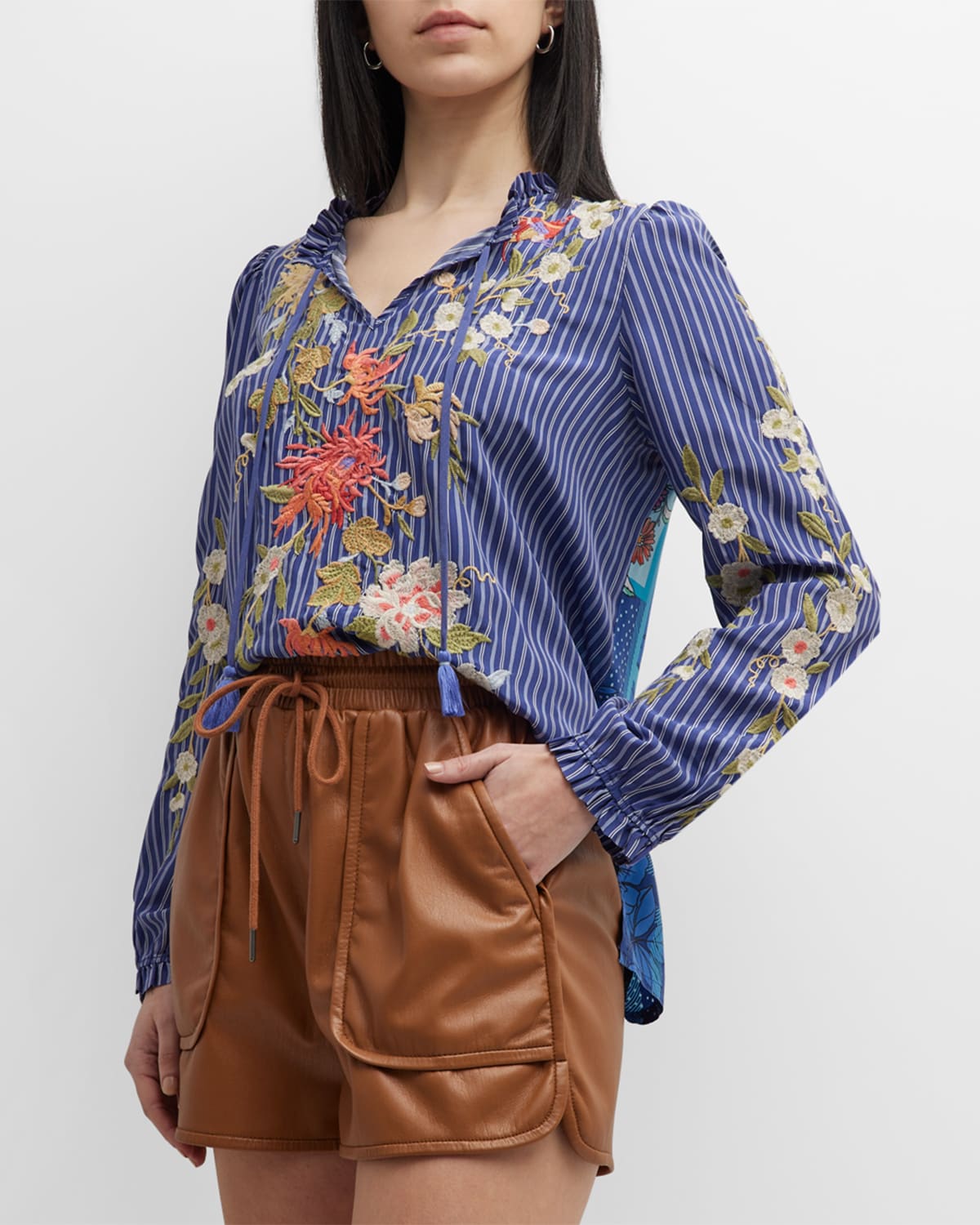 Johnny Was Nalina Striped Floral-Embroidered Silk Blouse