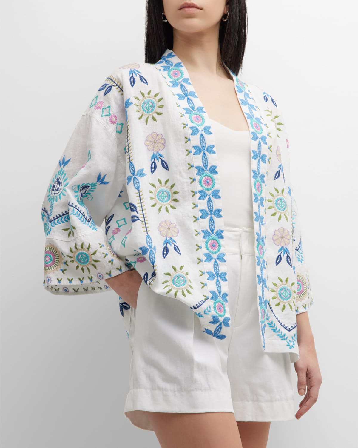 Johnny Was Oriel Open-front Floral-embroidered Kimono In White