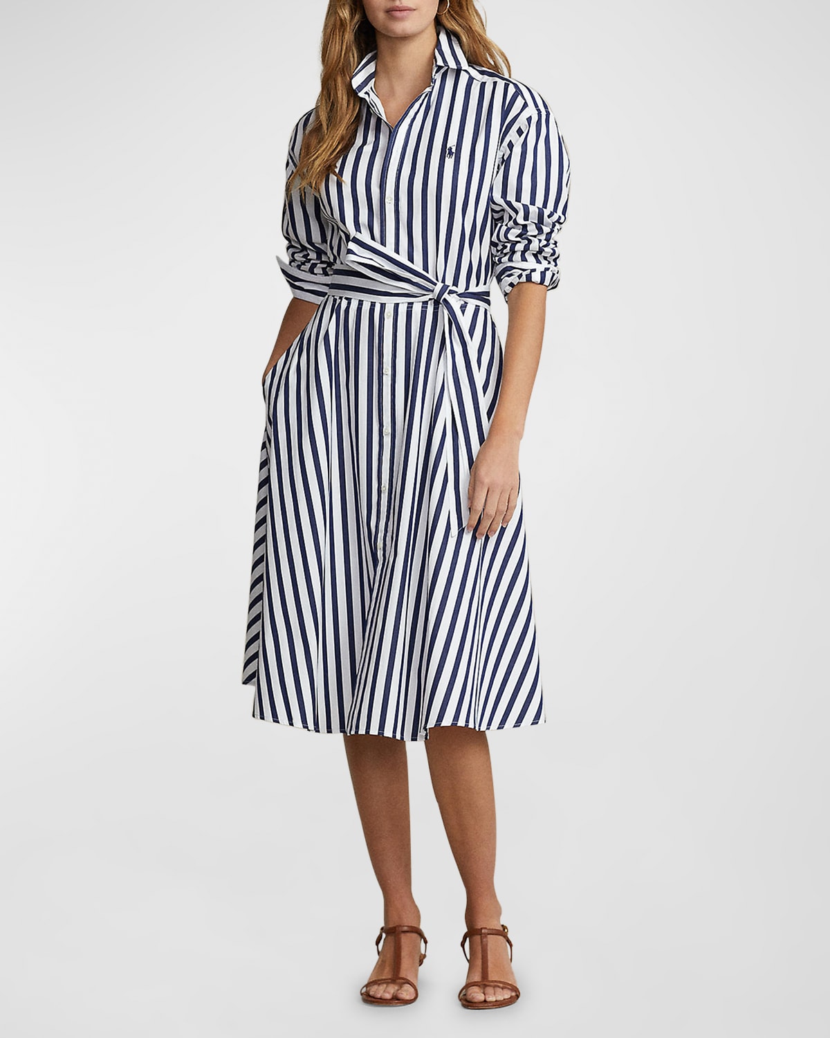 Shop Polo Ralph Lauren Belted Striped Cotton Shirtdress In 970a Navywhite