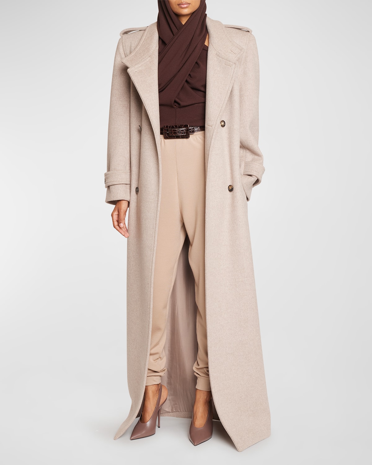 Saint Laurent Oversize Button-front Wool Trench Coat In Beige