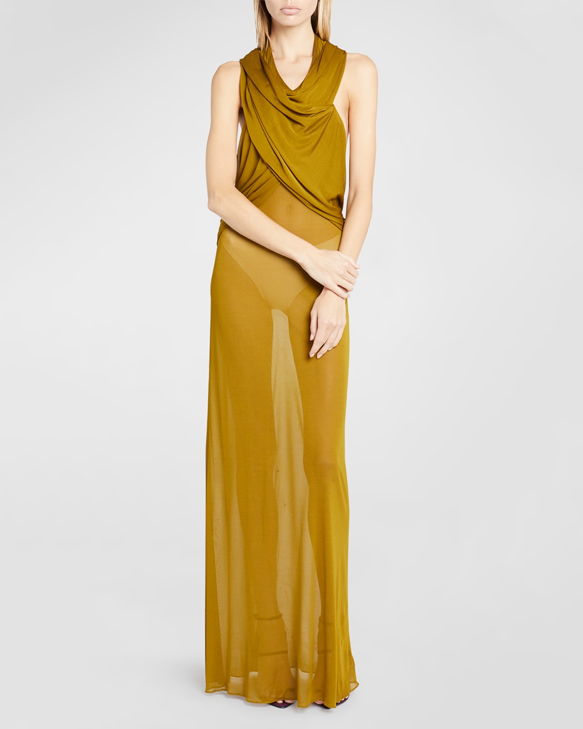 SAINT LAURENT SHEER EVENING GOWN WITH DRAPED HOOD