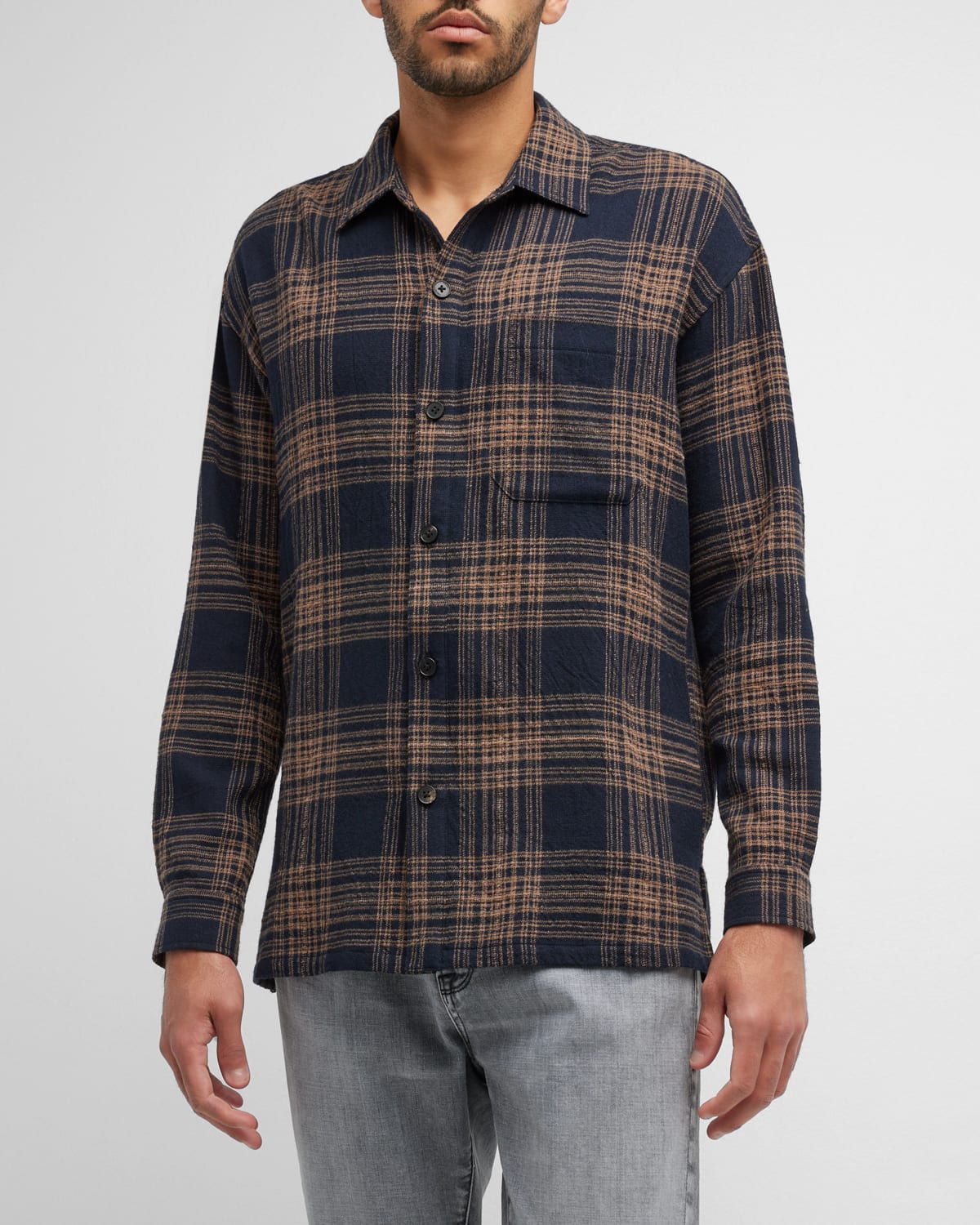 Frame Relaxed Fit Plaid Button-up Shirt In Tan Plaid