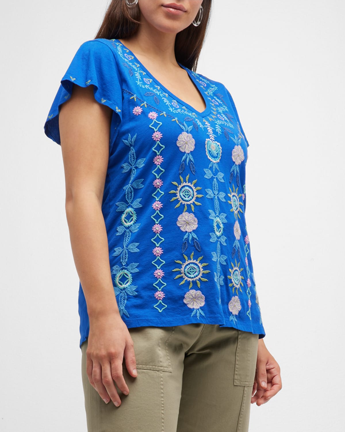 Johnny Was Plus Size Oriel Embroidered Flutter-Sleeve Tee