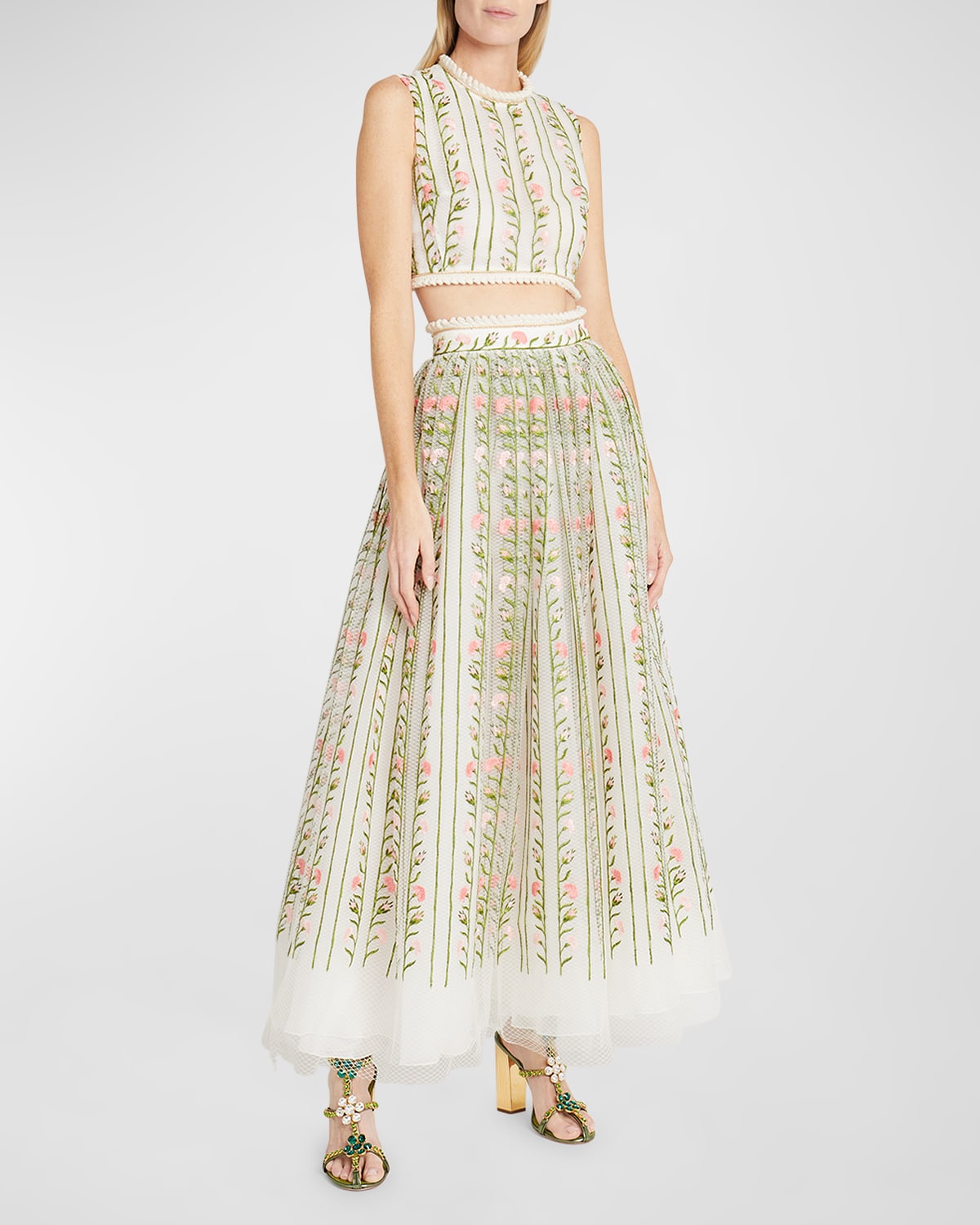 Giambattista Valli Floral Embroidered Chain-trim Mesh Maxi Skirt In White/multi