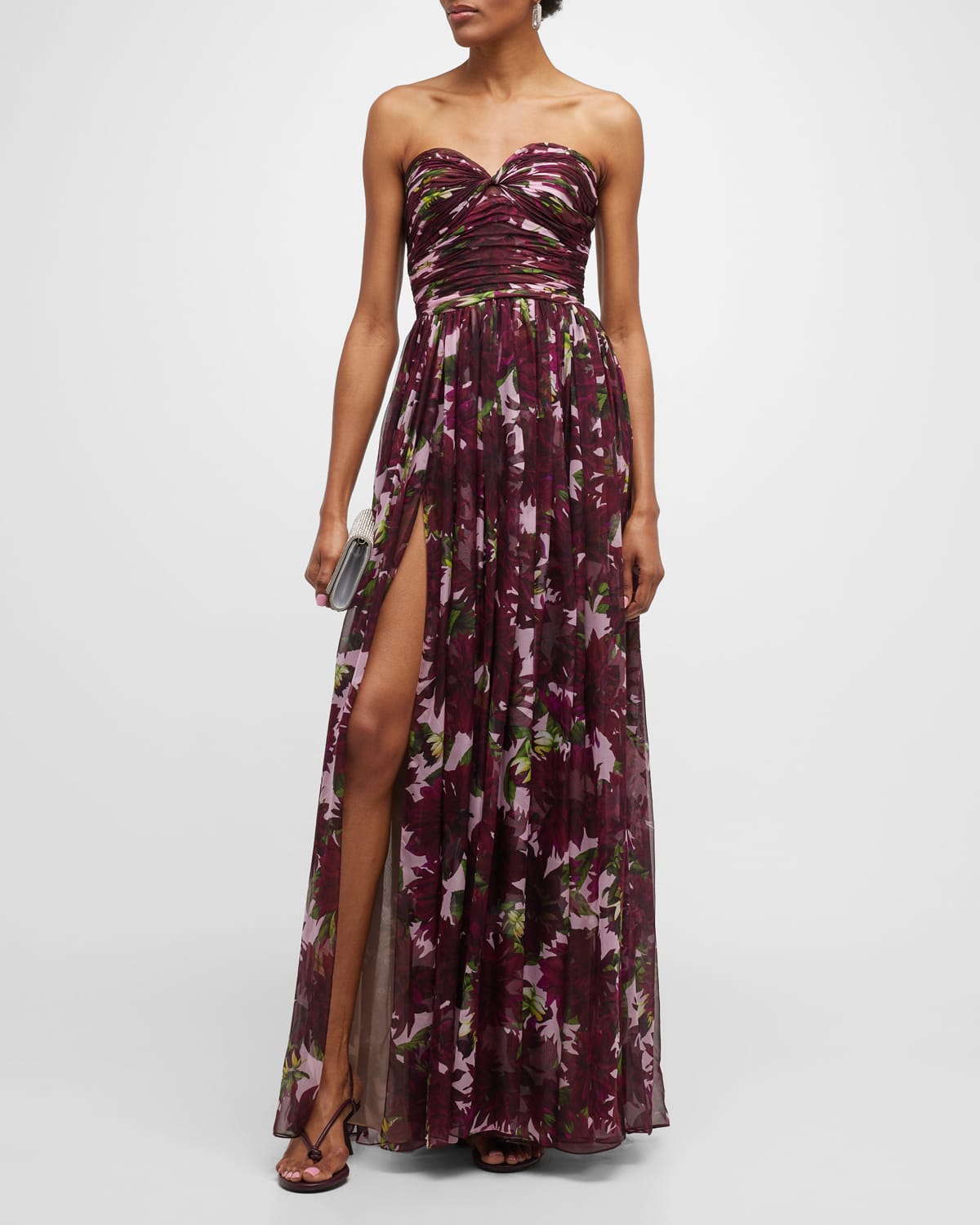 Strapless Dahlia-Print Thigh-Slit Chiffon Gown With Capelet