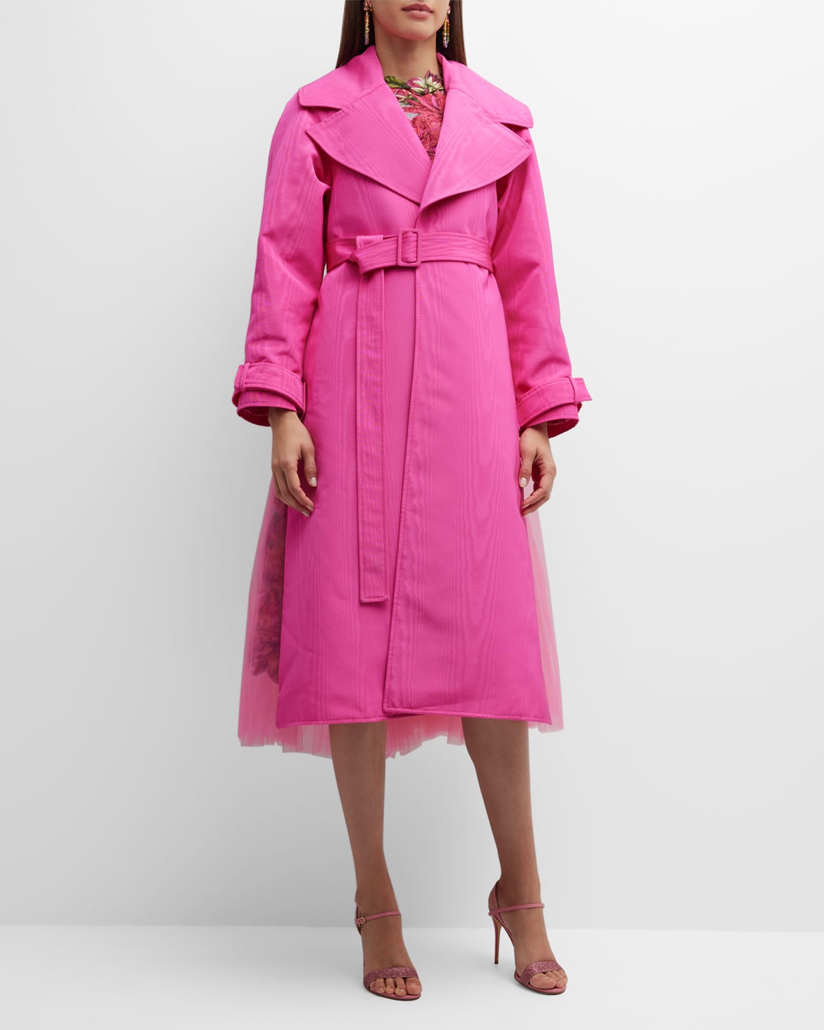 Oscar De La Renta Moire Faille Belted Trench Coat With Tulle Back In Fuchsia