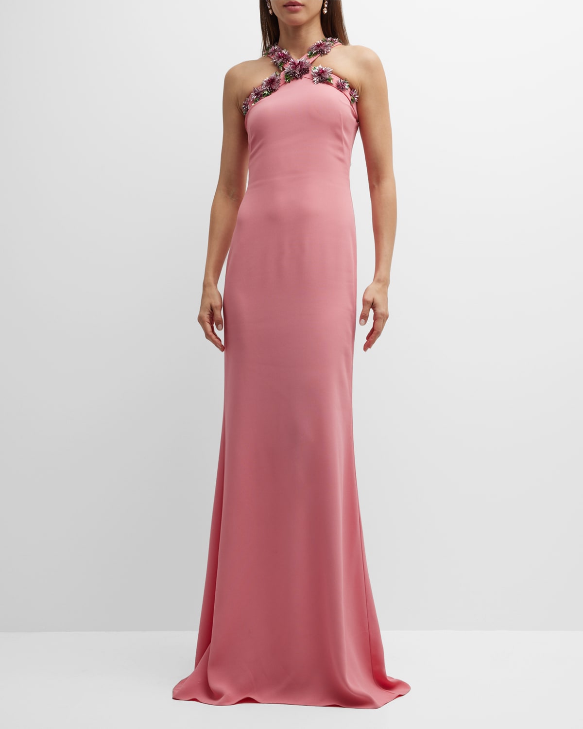 Crystal Dahlia Embroidered Halter Crepe Gown