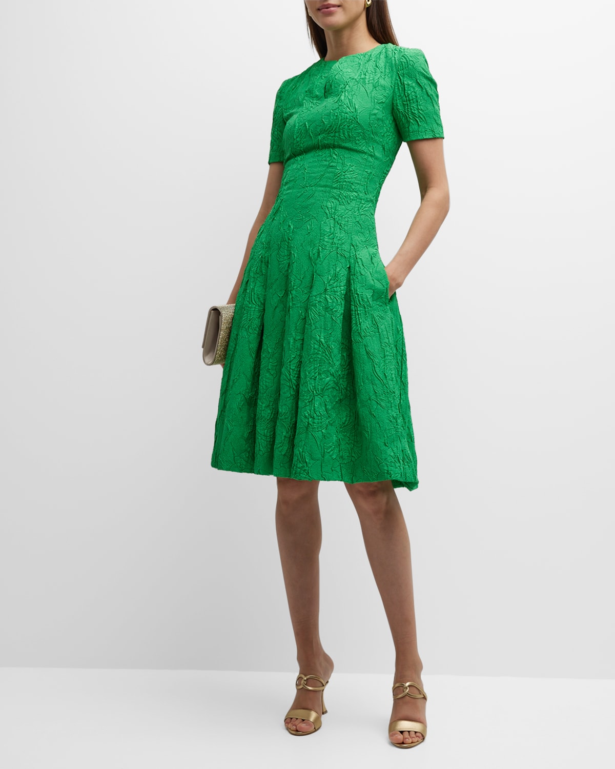 Oscar De La Renta Floral Cloque Faille Short Dress In Emerald