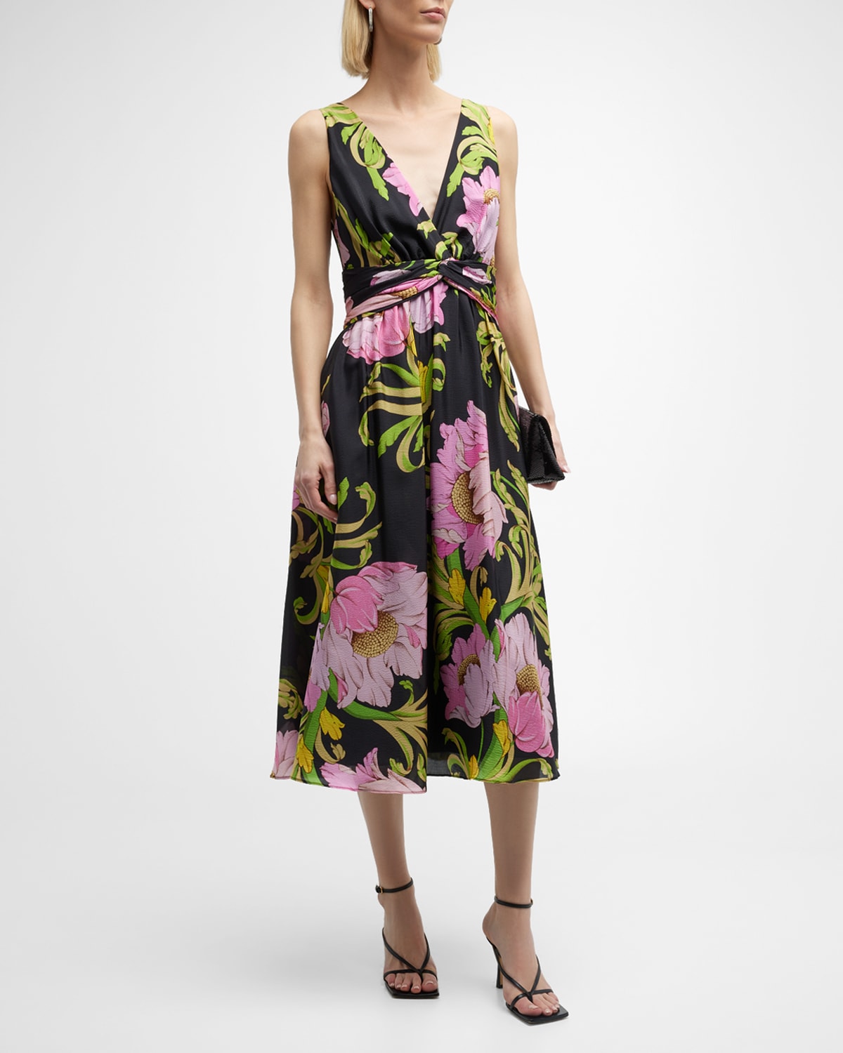 Shinjo Floral-Print Twist-Front Silk Midi Dress