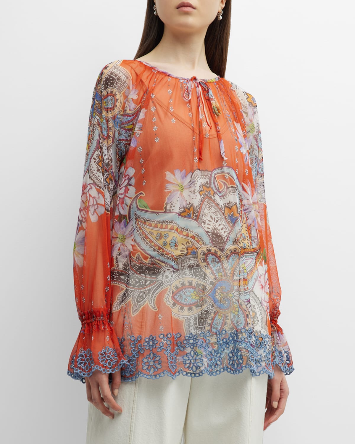 Johnny Was Paisley-Print Eyelet Mesh Blouse With Slip