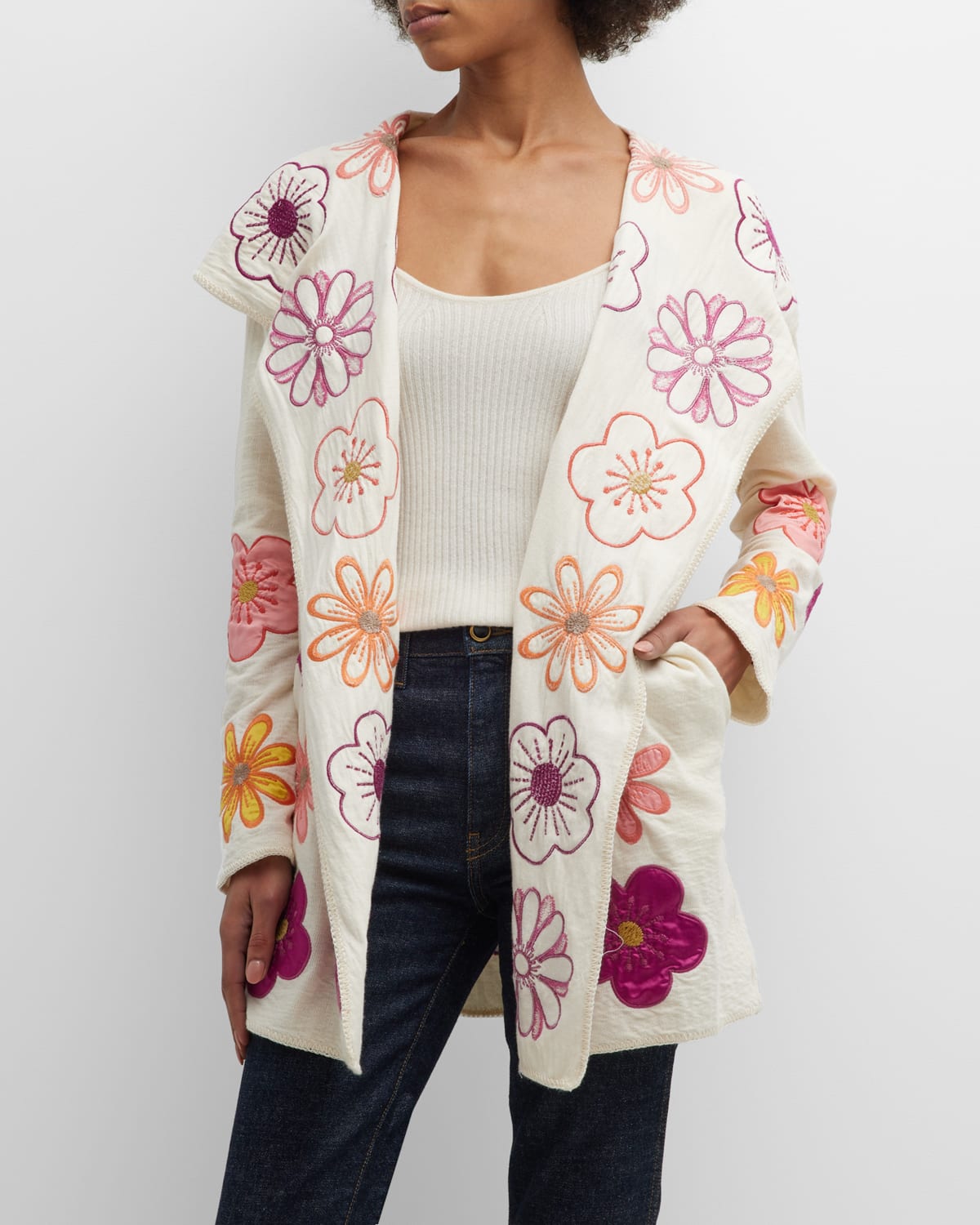 Johnny Was Blossom Open-front Floral Applique Hoodie In Ecru | ModeSens