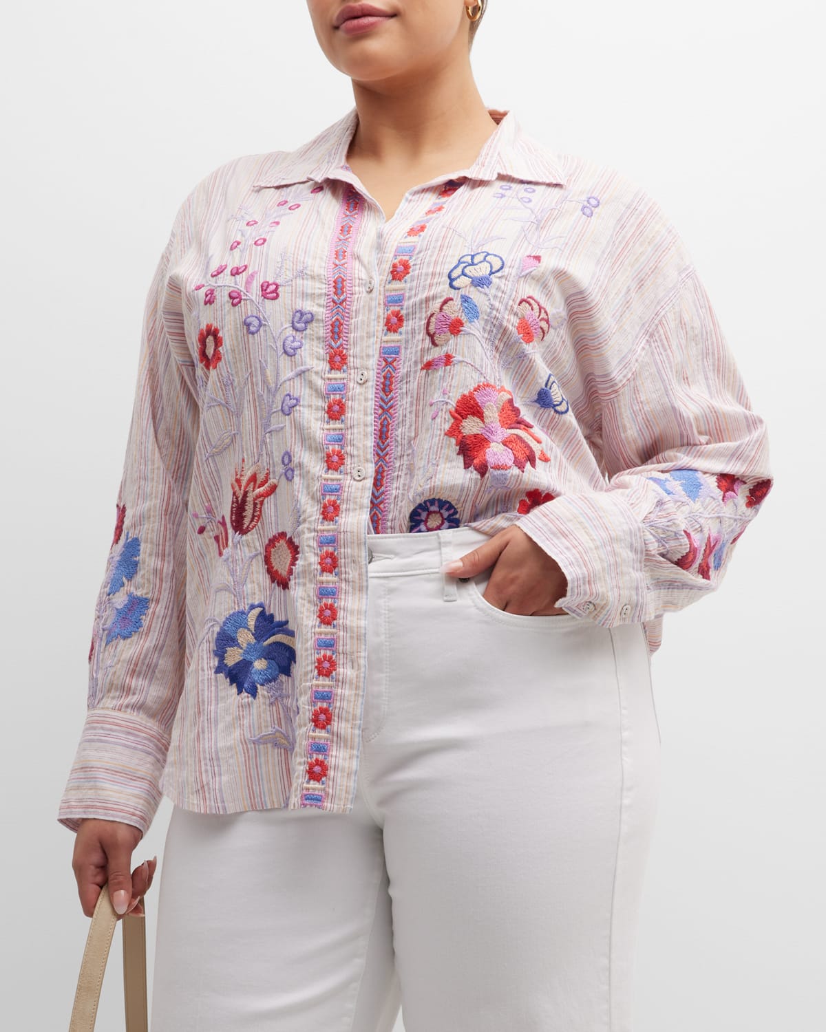 Johnny Was Plus Size Piper Floral Embroidered Striped Oversized Shirt