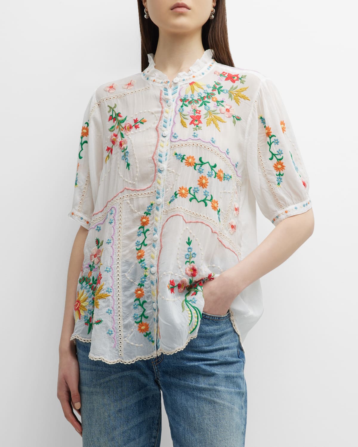 JOHNNY WAS MIRCEA EMBROIDERED BUTTON-FRONT BLOUSE