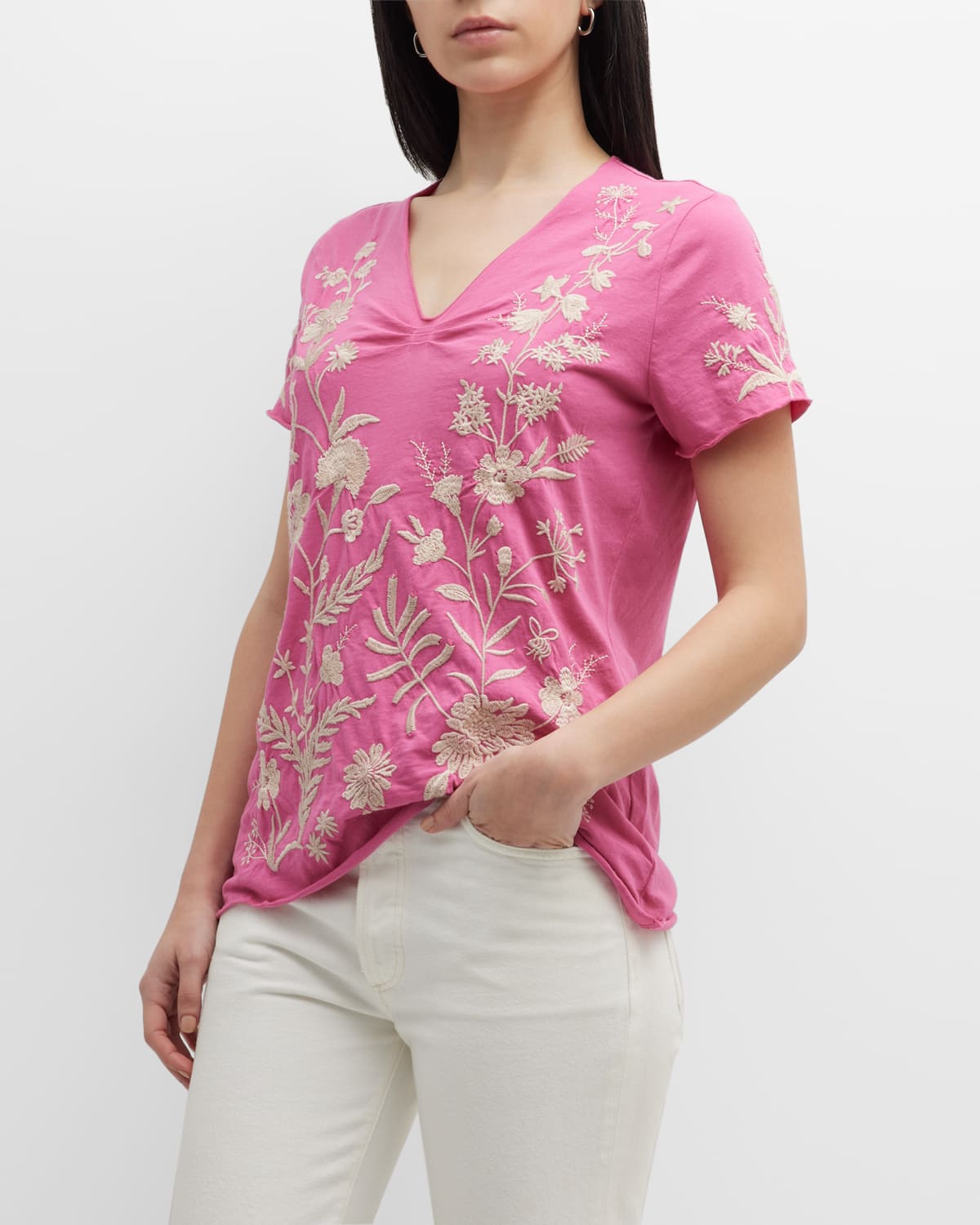 Johnny Was Marseille Embroidered Pleat-Front Tee