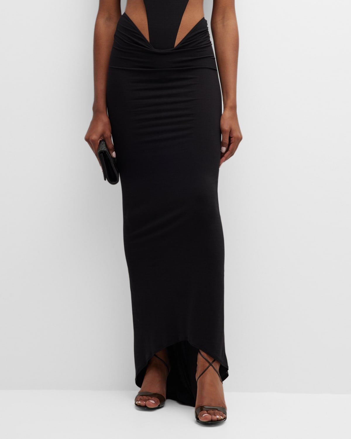 Low-Rise Draped High-Low Maxi Skirt
