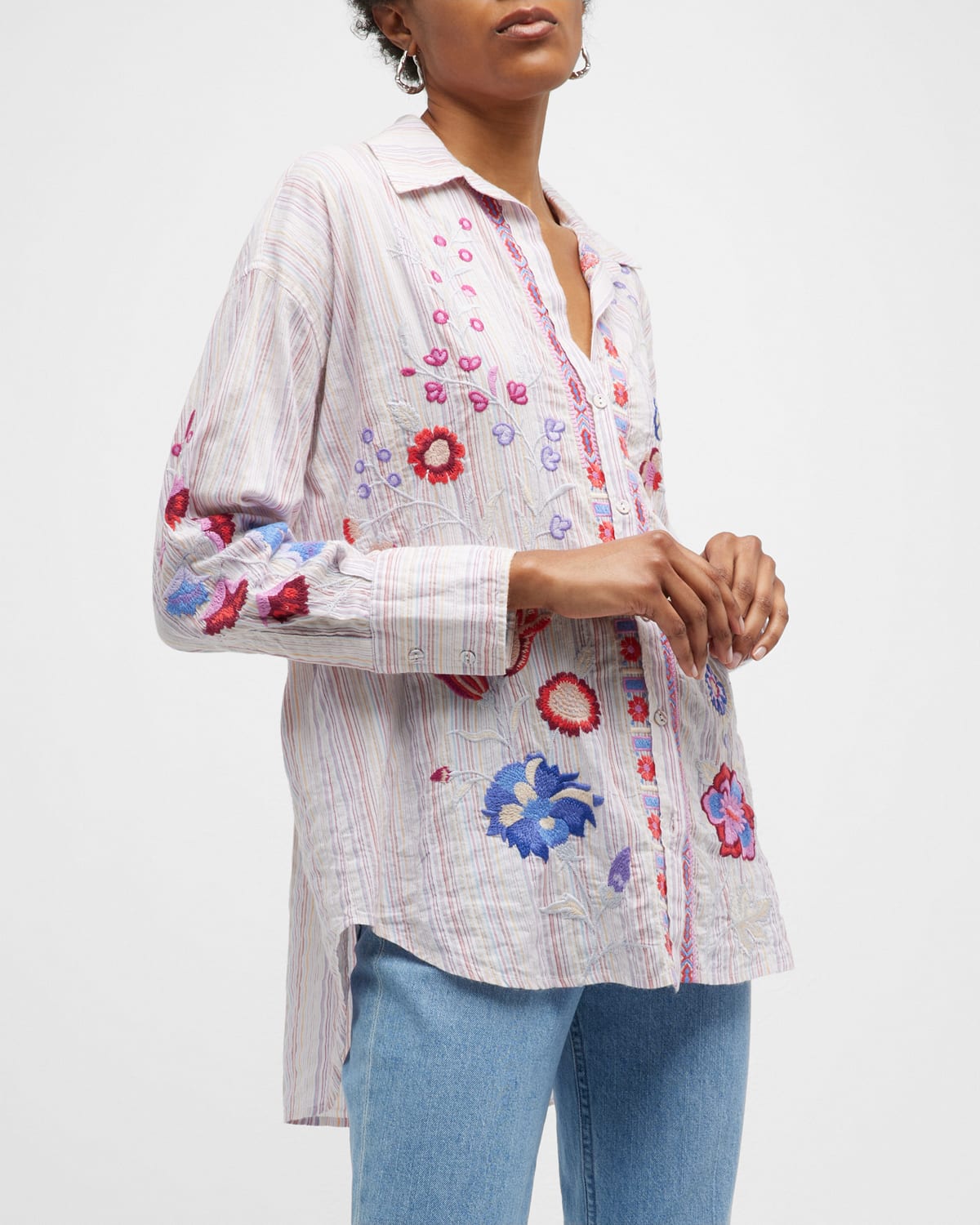 Johnny Was Plus Size Piper Floral Embroidered Striped Oversized Shirt In Stripe