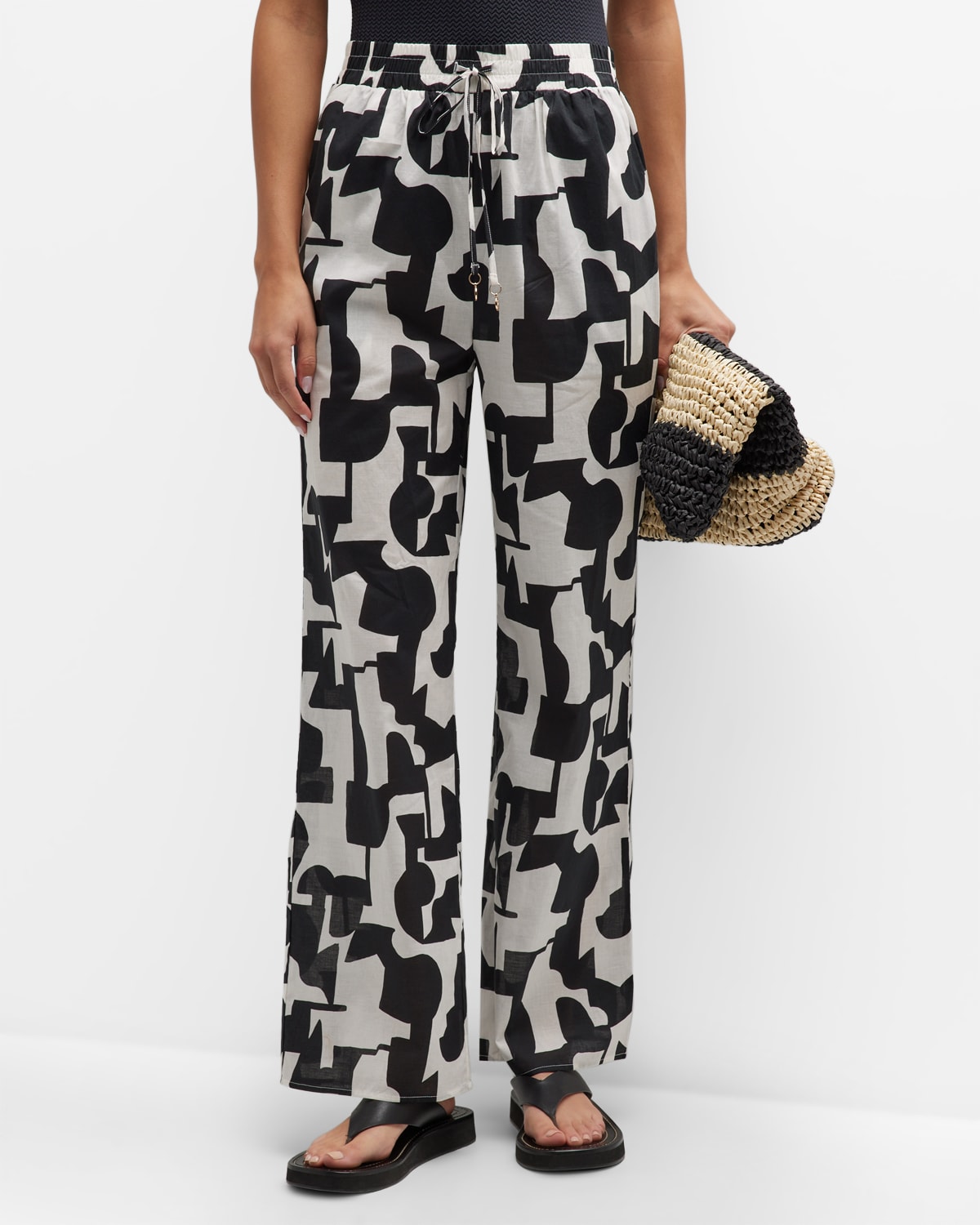 Milly Cabana Modern Geo Cotton Voile Wide-Leg Pants