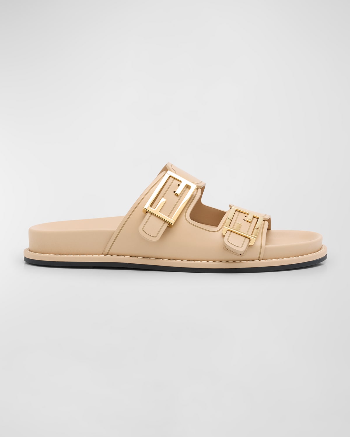 Fendi F Buckle Leather Slide Sandals In Beige