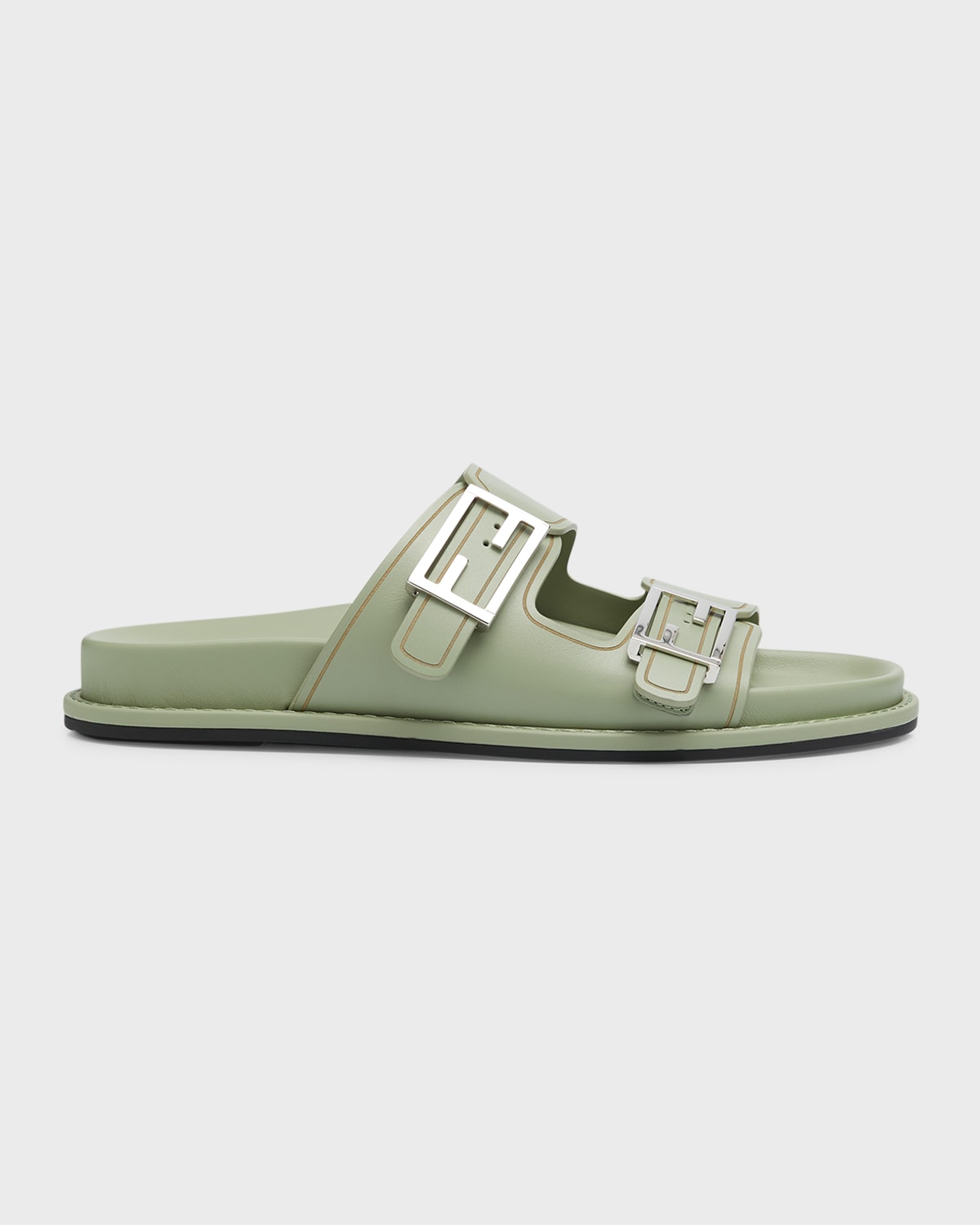 Fendi F Buckle Leather Slide Sandals In F1ke4 Musk