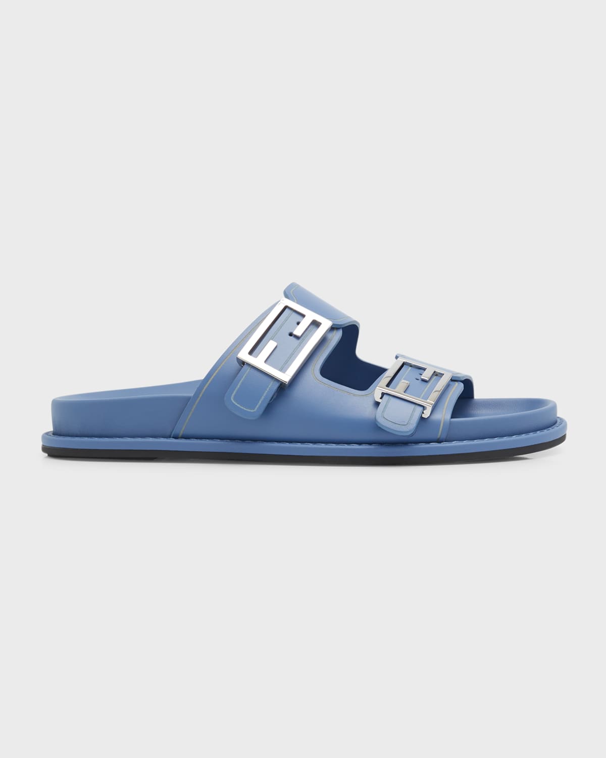Fendi F Buckle Leather Slide Sandals In F1ke5 Perfect Blu
