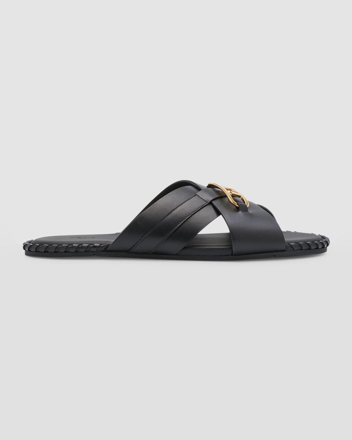 Fendi Men's O'lock Vitel Leather Slide Sandals In Neronero