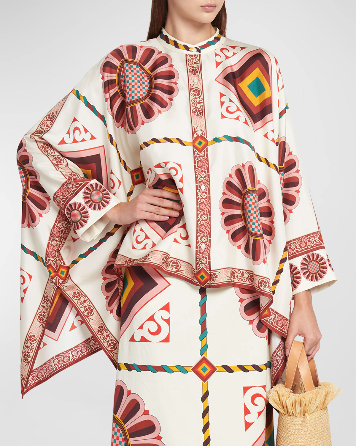 La Doublej Placed-print Silk Foulard Shirt In Macro Tiles Place