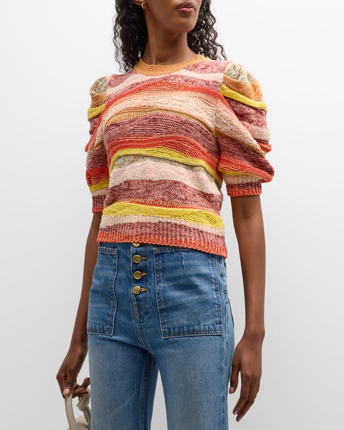 Ulla Johnson Odie Striped Short-sleeve Crochet Top In Agate