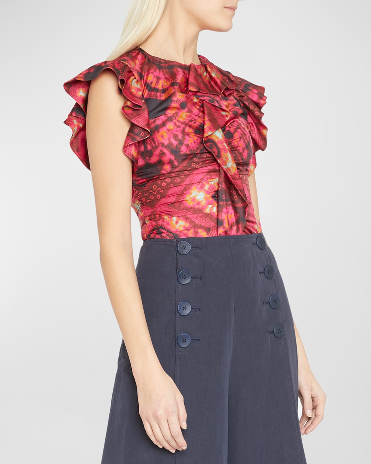 Ulla Johnson Vida Diamond-shibori Silk Ruffled Top In Wild Rose