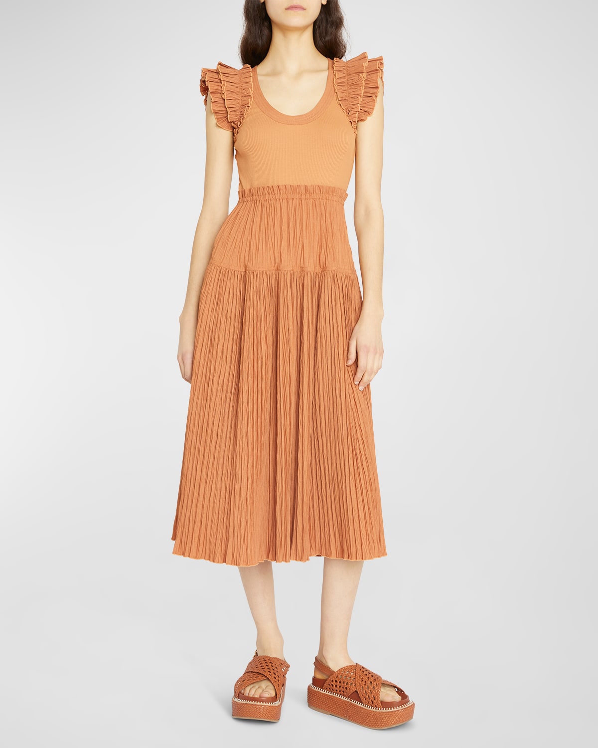 Shop Ulla Johnson Virginia Rib-knit & Poplin Midi Dress In Chestnut