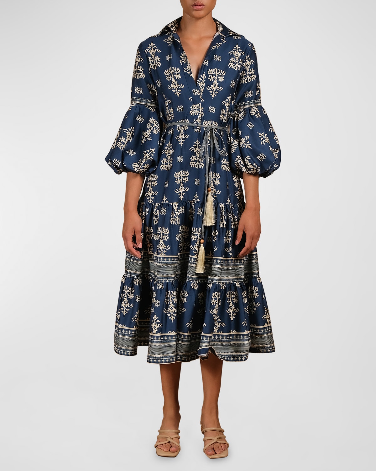 Andres Otalora La Lindosa Floral Poplin Tie-belt Midi Dress In Navy Native Borde