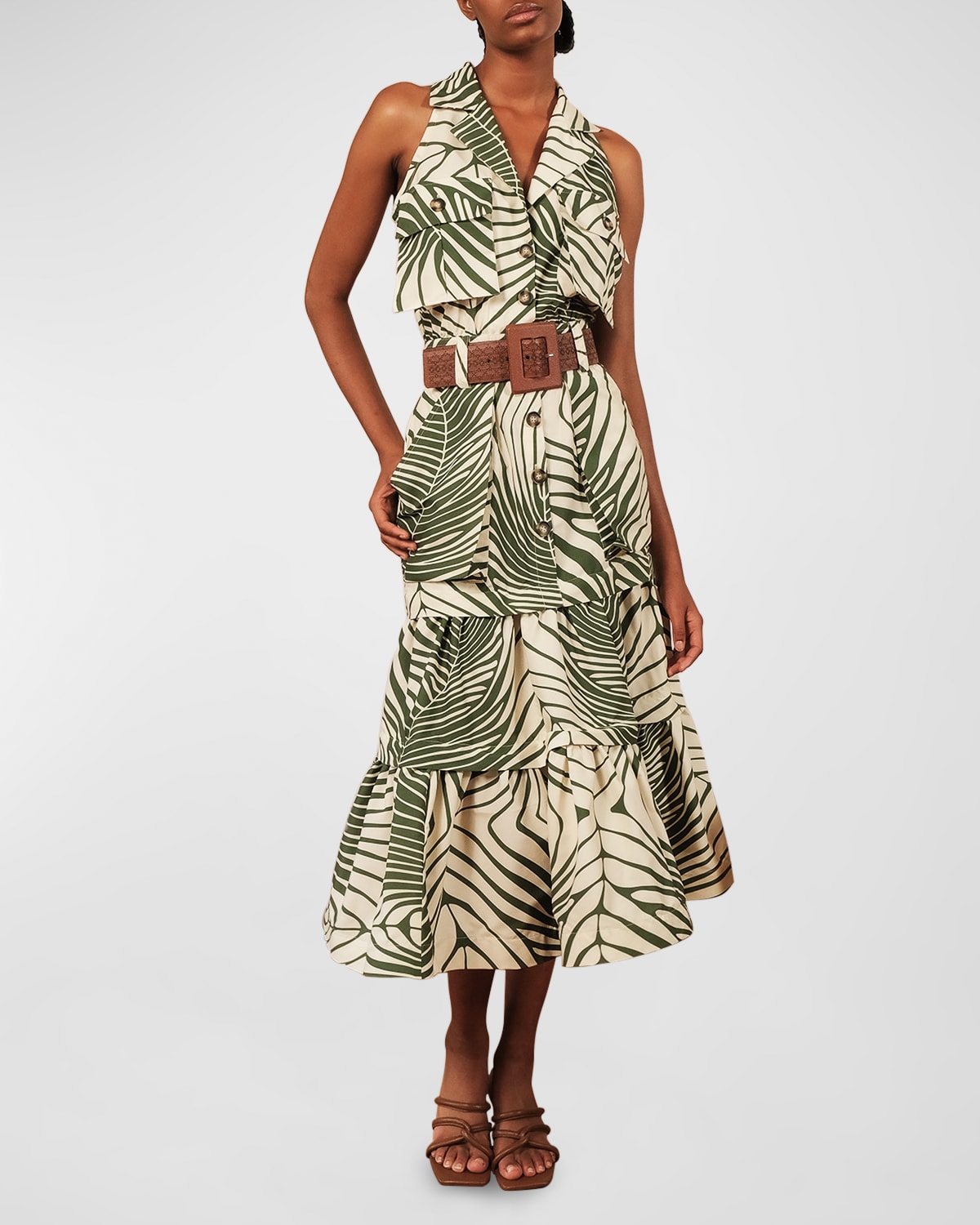 Andres Otalora Manaos Palm-print Sleeveless Midi Dress In Green Plam Print