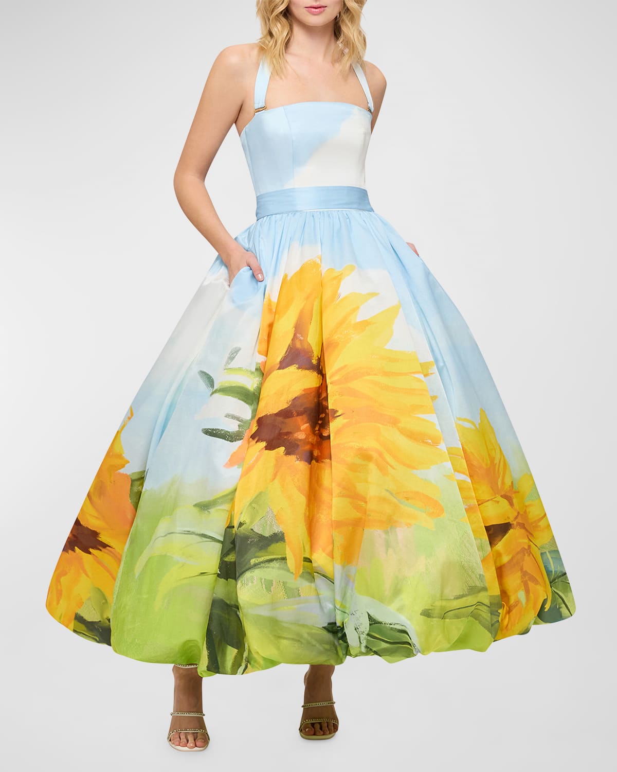 Leo Lin Nadia Sunflower-print Bubble Halter Gown In Sunflower Print