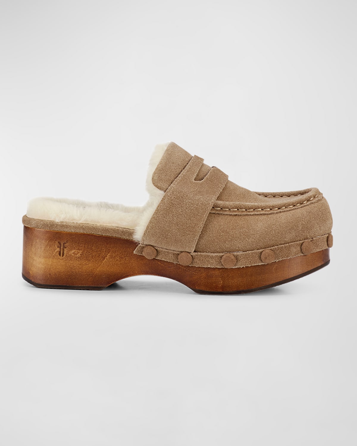 FRYE MELODY SUEDE SHEARLING PENNY LOAFER CLOGS