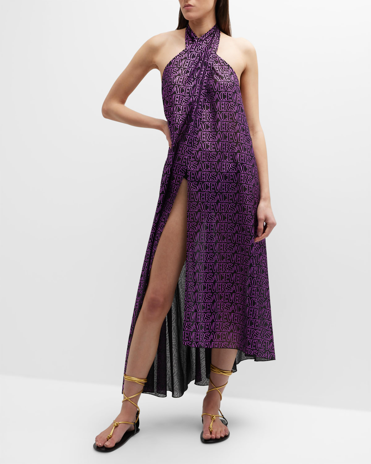 Versace Logo-print Metallic Crepe Maxi Dress In Black Tropical Pi