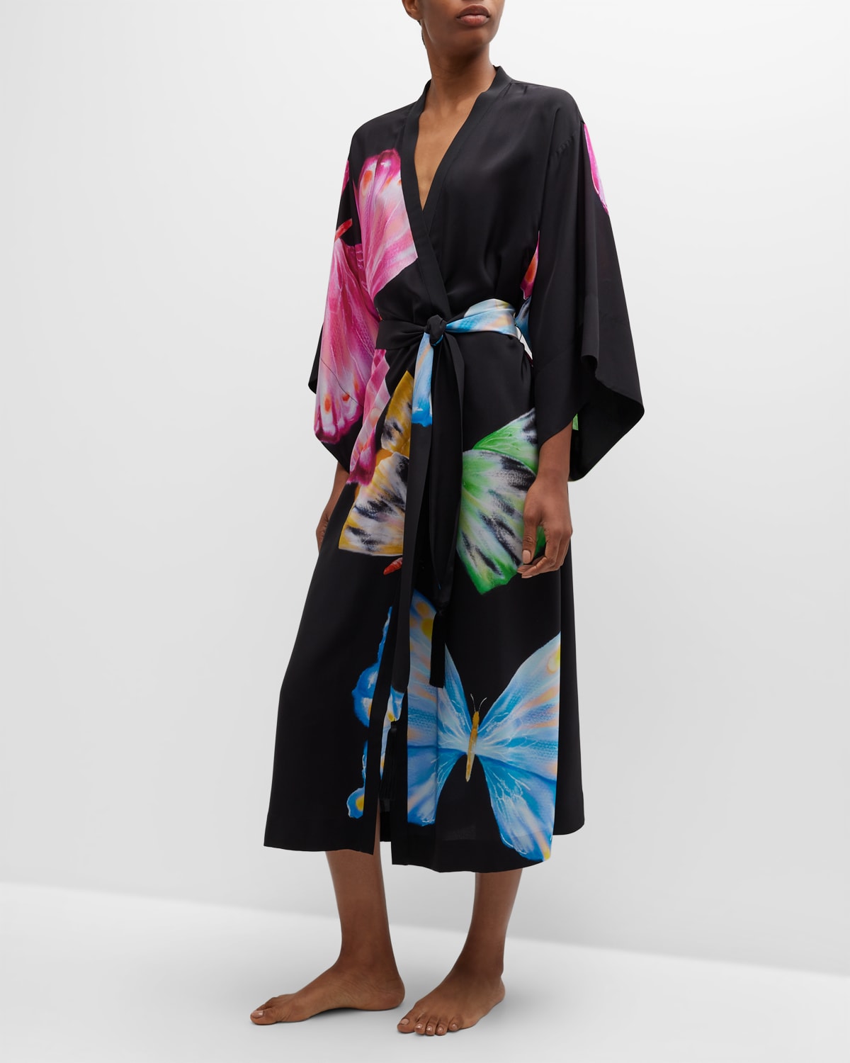 Josie Natori Kyoko Butterfly-Print Kimono-Sleeve Silk Robe