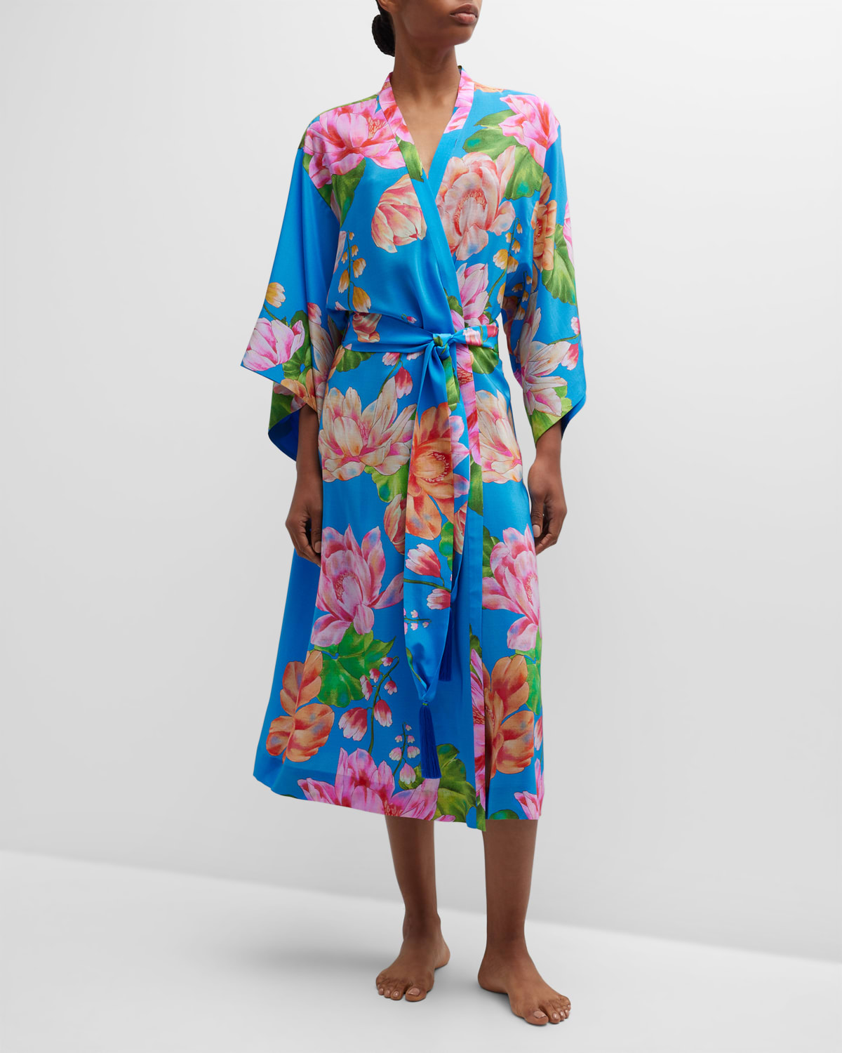 Josie Natori Hanabi Floral-Print Kimono-Sleeve Silk Robe