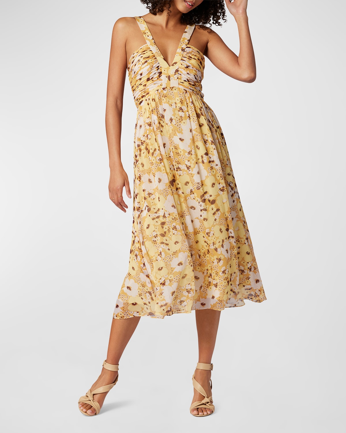 JOIE MARGOT RUCHED FLORAL-PRINT CHIFFON MIDI DRESS